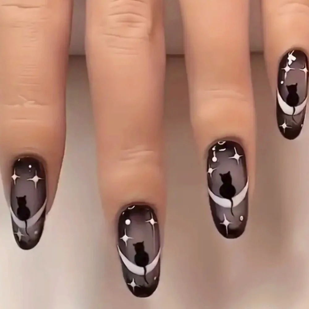 24pcs Women's & Girls Long Oval Spooky Glossy Black Cat Press On Nails
